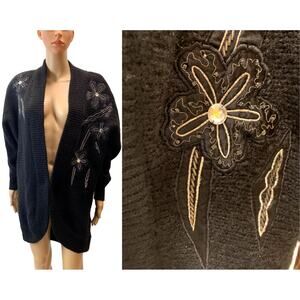 Vintage 80s Black Mohair Sweater Coat Cardigan w Floral Appliqués sm/m